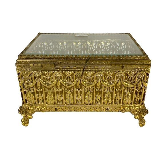 Globe 24kt Gold Plated Jewelry Trinket Box Ornate Filigree Gilt Glamour Vanity - Picture 4 of 8